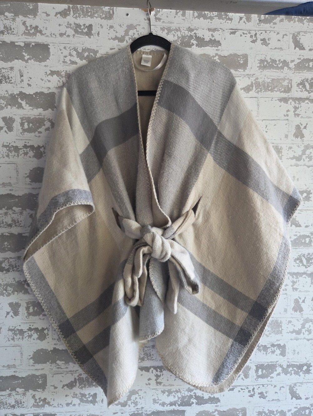 Plaid Belted Blanket Poncho Wrap Cape Beige Gray OS